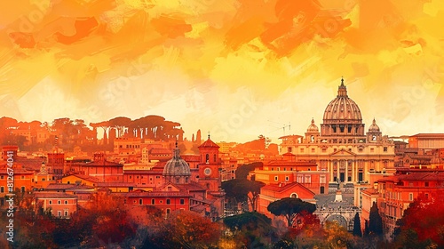 Artistic Impression of Rome Skyline with St. Peter's Basilica at Sunset 