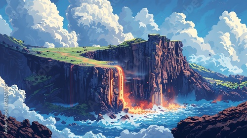 A beautiful landscape with a waterfall and a lava flow