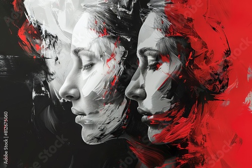 abstract dual face illustration in monochrome and red conceptual digital art
