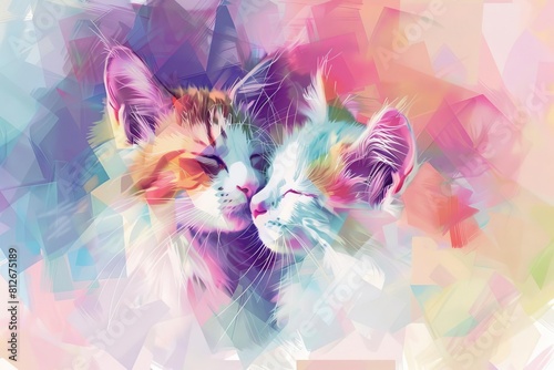 abstract fluffy cat mother kissing kitten geometric shapes and pastel colors