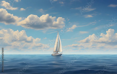 A sailboat floats in the open ocean under a mostly clear blue sky, with a few clouds visible on the horizon.