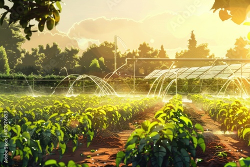 A field of green plants with sprinklers in the background. Suitable for agriculture or environmental concepts