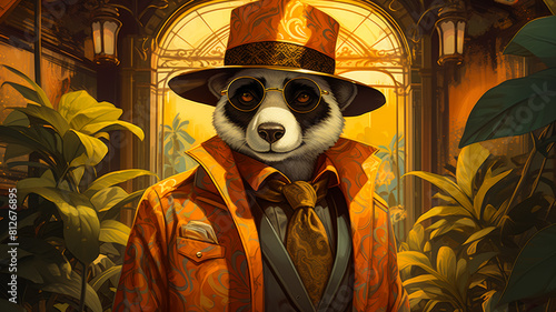 Picture a fashionable panda in a tailored trench coat, accessorized