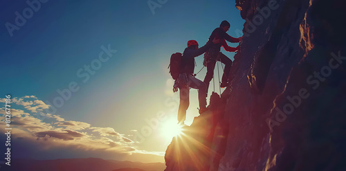 Reaching New Heights Together: Silhouette of Man Helping Another Person Climb to the Top