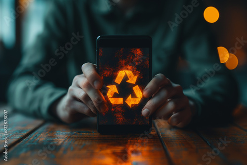 A person holding a cell phone with a recycle symbol on it