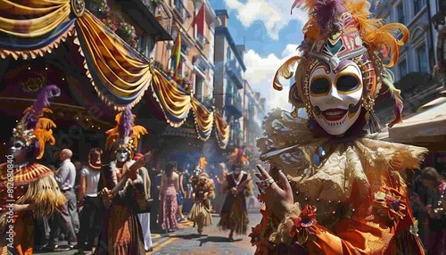 Conceptualize a street carnival filled with performers in elaborate costumes, dancing and entertaining the crowds with mesmerizing acts