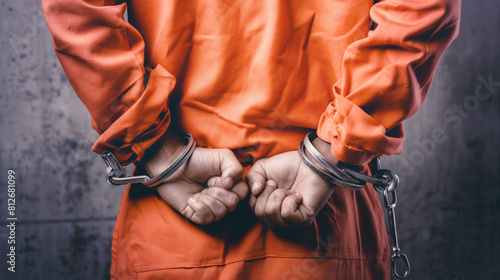 Person in orange prison jumpsuit handcuffed behind back symbolizing legal consequences and arrest. Closeup view emphasizes restraint and captivity
