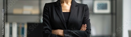 Torso of a female financial leader in a black business suit, emphasizing authority and professionalism in the finance sector