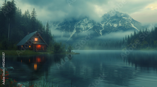 A cabin is on a lake with mountains in the background