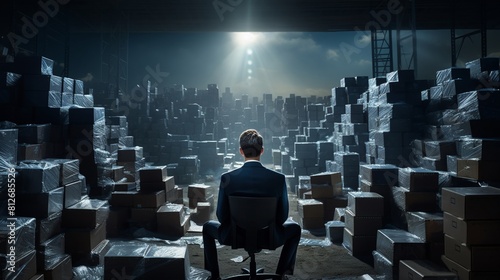 A cinematic depiction of a forlorn businessman overlooking a bankrupt HDPE warehouse, with stacks of unsold plastic goods and dim lighting, portraying the personal toll of corporate failure