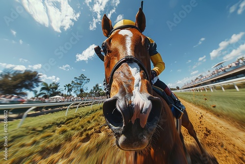 A dynamic image of a racehorse and jockey captured in the heat of a race, conveying intensity and competition