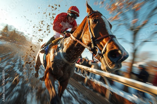 Action-packed scene capturing a horse race with mud splashing, reflecting the intense nature of the sport