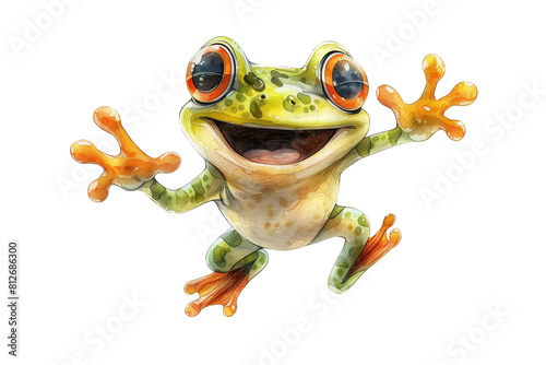 A cute green frog with big eyes and a wide smile. It has its arms outstretched and looks like it is jumping or leaping. PNG transparent background.