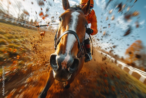 Capturing the raw energy and motion of a horse race with a jockey pushing to the front at a high speed