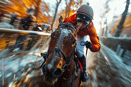 Vivid scene of a racehorse and jockey competing with determination on an autumn race day with golden foliage