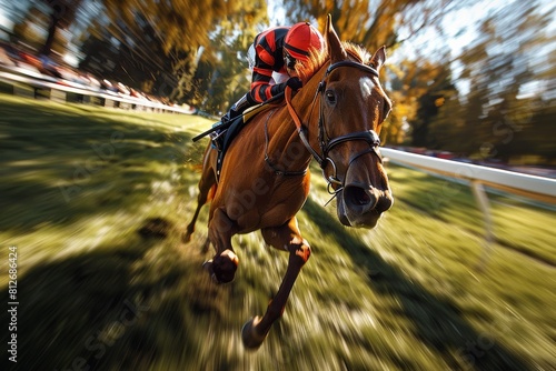 A breath-taking moment of a horse and jockey in synchronous gallop, capturing the essence of horse racing