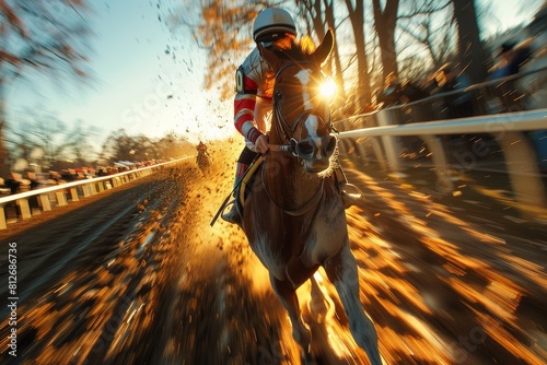 The intensity of horse racing is embodied in this action-packed image showing dirt flying and sun flaring