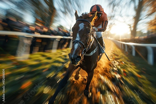 A vivid portrayal of a racehorse and jockey in motion, capturing the raw energy and focus of a race