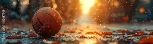Render a scene with a basketball as a focal point, capturing the intensity and movement of the sport