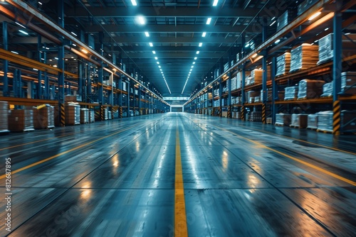 An expansive modern warehouse with endless rows of shelves filled with goods, highlighting the vast scale and organization of logistics