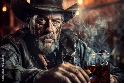 Cowboy drinks whiskey and smokes a cigar