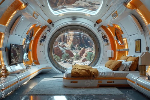 This is a highly detailed rendering of a futuristic spaceship bedroom, complete with a panoramic window overlooking Martian terrain