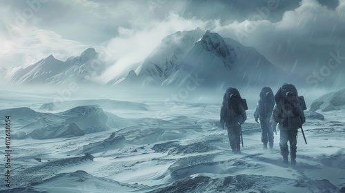 Group of survivors in gas masks traverse a desolate, snowy landscape in a post-apocalyptic world.