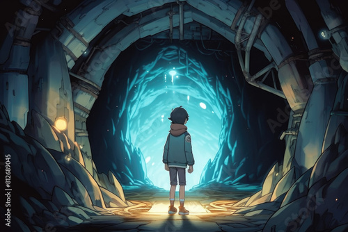 A boy stands in front of a cave, looking into its dark entrance with curiosity and caution