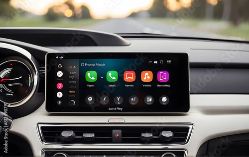 A car dashboard with an Apple carp on the display, an Android car stereo showing the UI/UX interface, Android Auto system controlling the Car