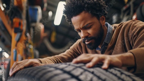 Mechanic Inspecting a Car Tire