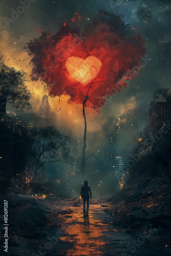 A man is walking through a city with a heart-shaped tree in the background