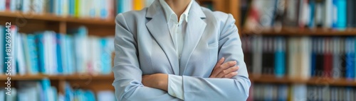 Closeup of a female CEOs torso in a light grey suit, isolated against a background of medical textbooks to signify her role at the Faculty of Medicine