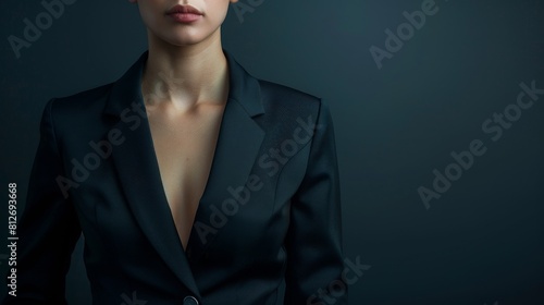 Closeup of a female CEOs torso in a tailored black suit, isolated against a sleek, dark background for a powerful financial theme