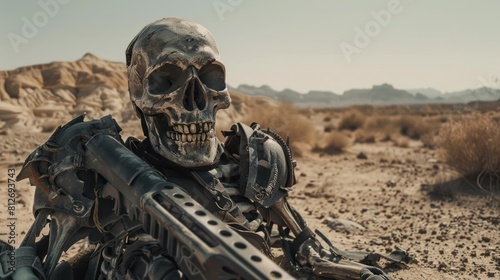 troops Skeleton in a Desolate Desert Wearing Battle Armor, post apocalyptic style AI Generated