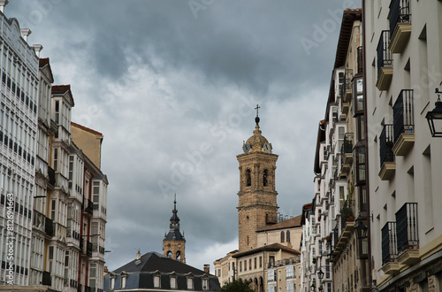 Camp of the Church of San Miguel Arcángel Gothic-Renaissance temple of the XIV century. Photo taken in some streets of the Old Town of Vitoria-Gasteiz, Spain. A quadrangular tower with its bells.