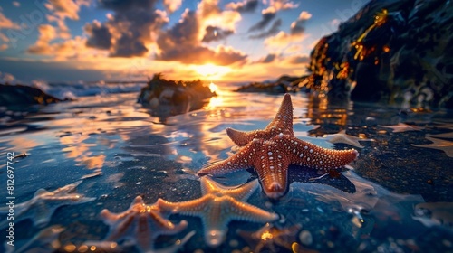Starfish in a tide pool during a sunset
