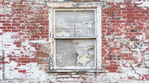 Close up view of a weathered brick wall featuring a white window and peeling paint