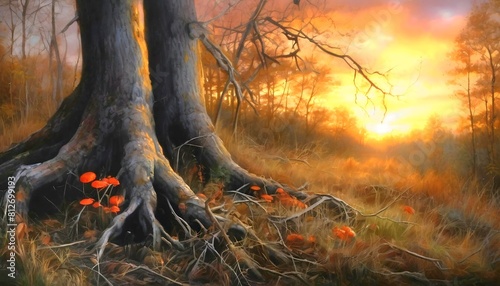 Ein Herbstabend im alten Wald. Hintergrund für das Design 1.