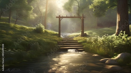  A wooden gate at the edge of a sun-dappled forest clearing, with a meandering stream babbling nearby.
