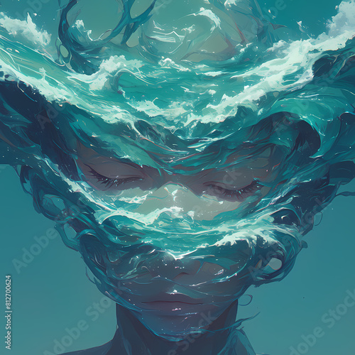 A serene underwater scene with a faceless man, symbolizing escape from reality and the transformative power of art.