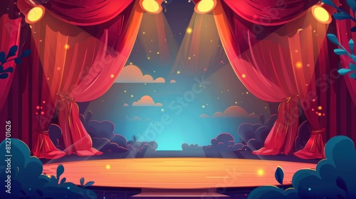 A vibrant vector cartoon illustration of a theater stage, framed by lush red curtains and illuminated by dramatic spotlights.