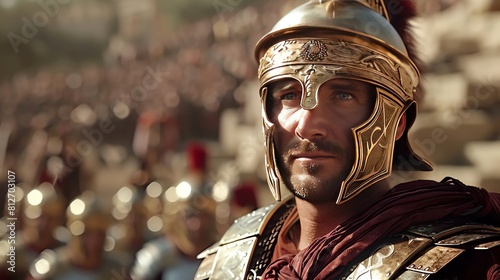 intense gaze of a Roman soldier in intricate armor, set against a backdrop of ancient ruins Digital rendering techniques, photorealistic