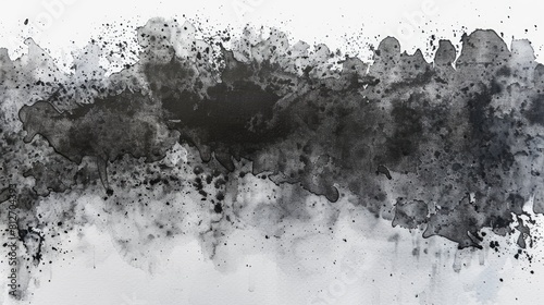 Abstract black watercolor gradient smudges and spills on a white watercolor canvas backdrop Featuring organic natural patterns