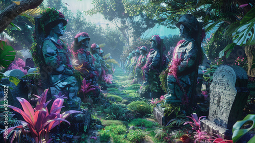 A stylized colorful depiction of a military cemetery where the tombstones turn into vibrant sculptures of soldiers at peace surrounded by lush otherworldly flora.