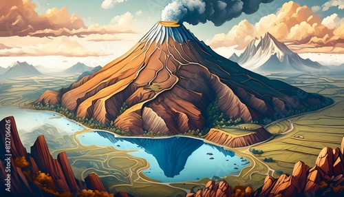 Create a drawing depicting an aerial view of a volcano with a lake around it. The volcano is to have a conical shape with steep flanks and an open crater at the top. The lake around the volcano must b