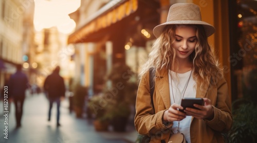 Woman using smartphone in European city, hipster girl browsing internet