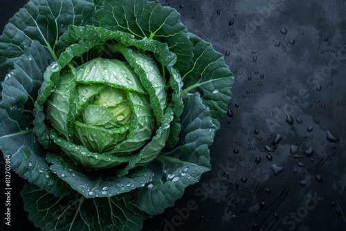 Close-up of a fresh dewy green cabbage with water droplets on dark background