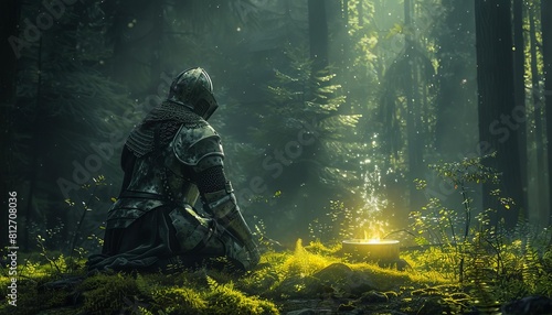 Depict a knight in medieval armor, kneeling before the Holy Grail, which glows with a mystical aura in a forest clearing
