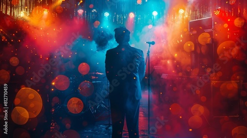 Depict a smoky jazz club scene with a singer bathed in colorful stage lights, the backdrop designed for banner use with extra text area