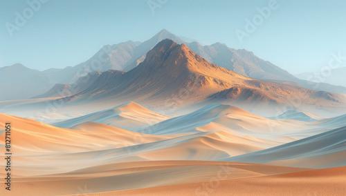 Distant Desert Dunes in Golden Light and Hazy Atmosphere